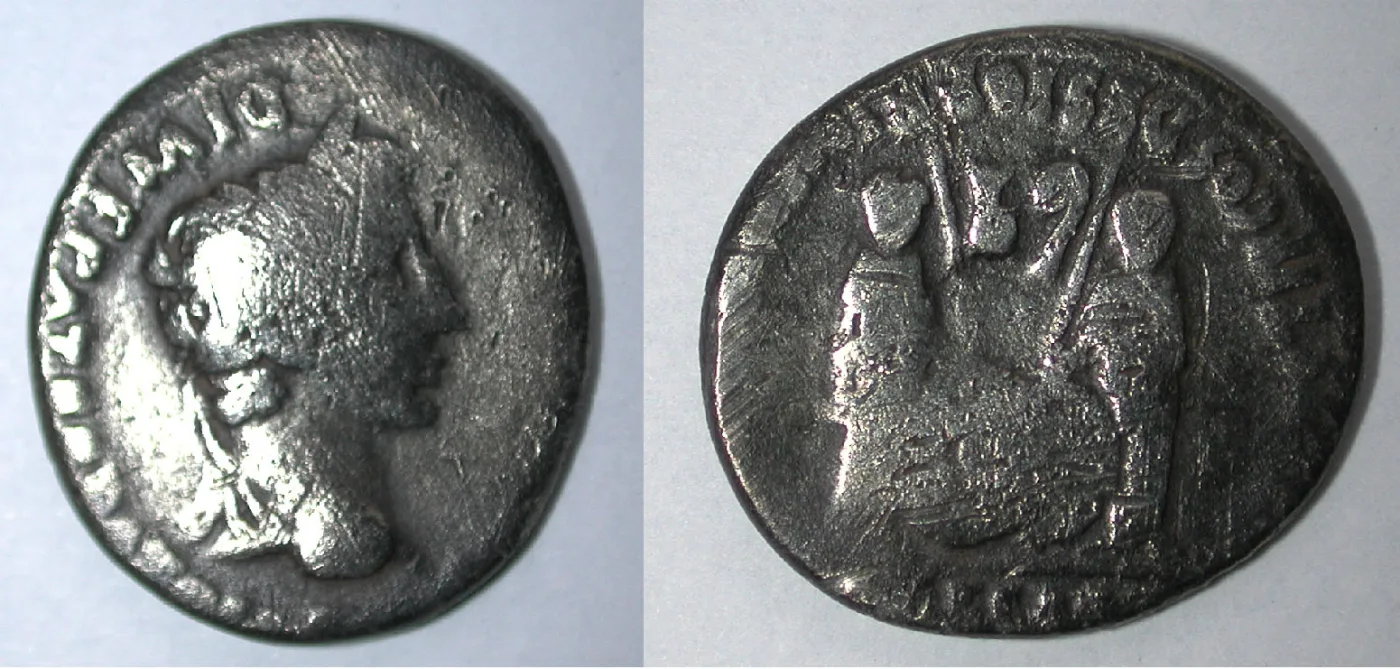 A heavily worn Gaius and Lucius denarius of Augustus, the portrait and lettering softened, the two figures and shields still visible on the reverse