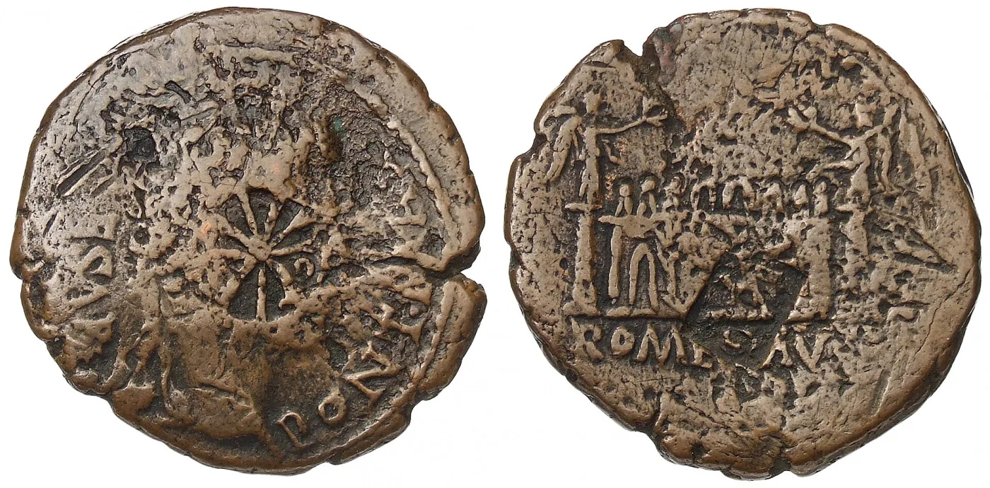 Bronze coin of Augustus from Lugdunum, with the altar of Rome and Augustus on the reverse and a small rectangular countermark reading VAR stamped across the altar