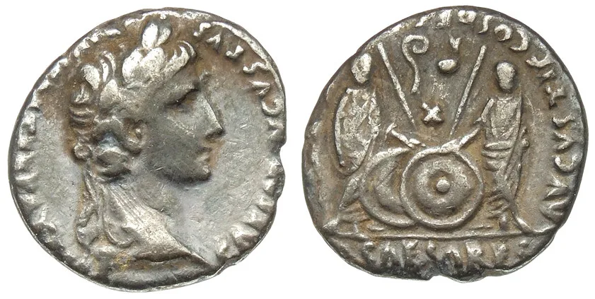 A sharper Gaius and Lucius denarius of Augustus from the Berlin coin cabinet, laureate head of Augustus and the two standing princes with shields and spears