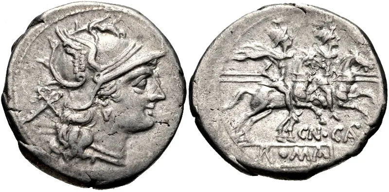 Silver Roman Republican denarius, helmeted head of Roma with an X behind it, and the Dioscuri on horseback with the moneyer's name