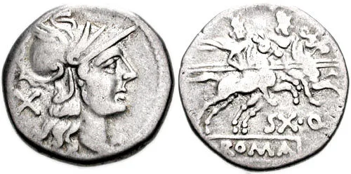 Silver Roman Republican denarius, head of Roma with an X behind it, and the Dioscuri above ROMA
