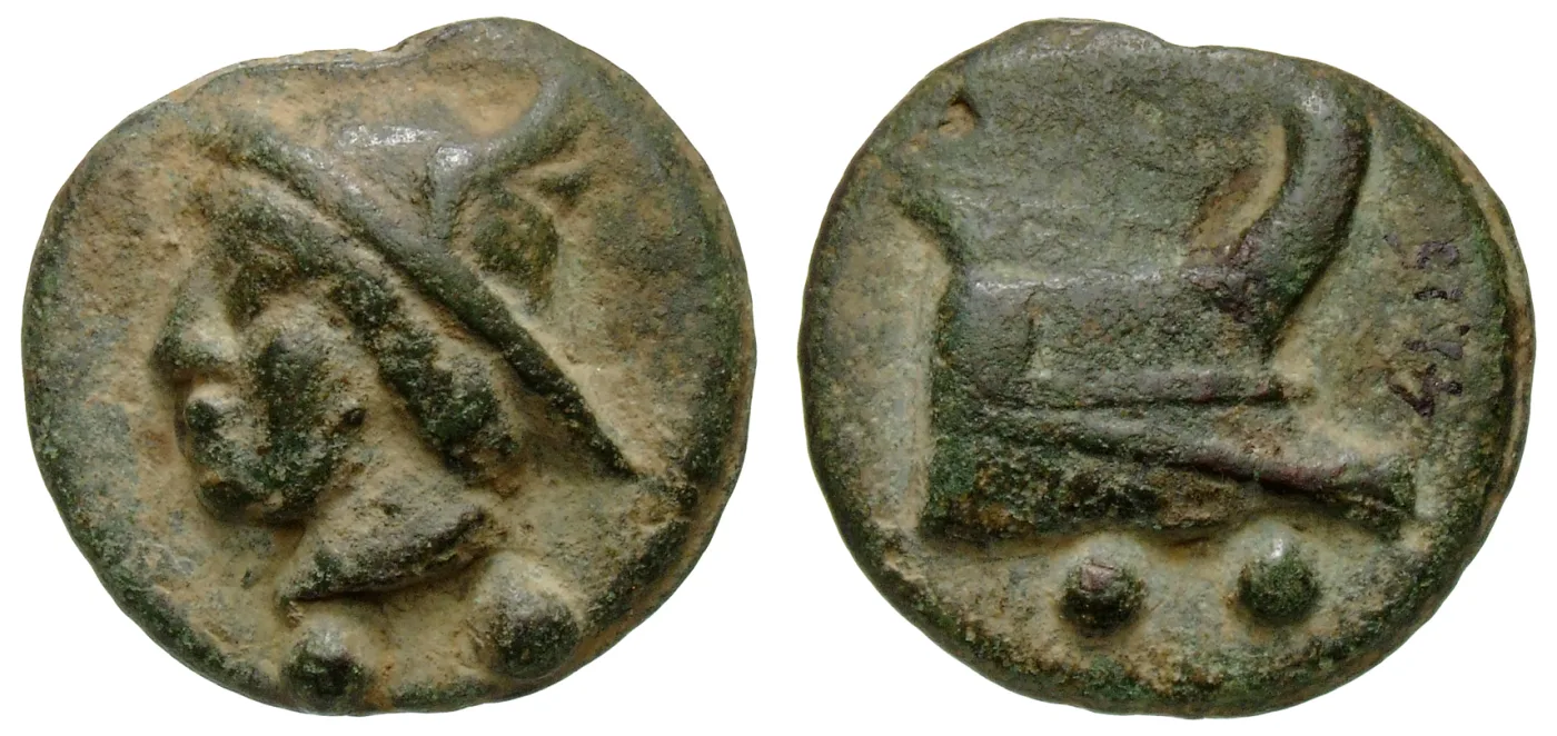 Both sides of a cast Roman bronze sextans: a head of Mercury in a winged hat with two raised pellets, and a ship's prow above two pellets