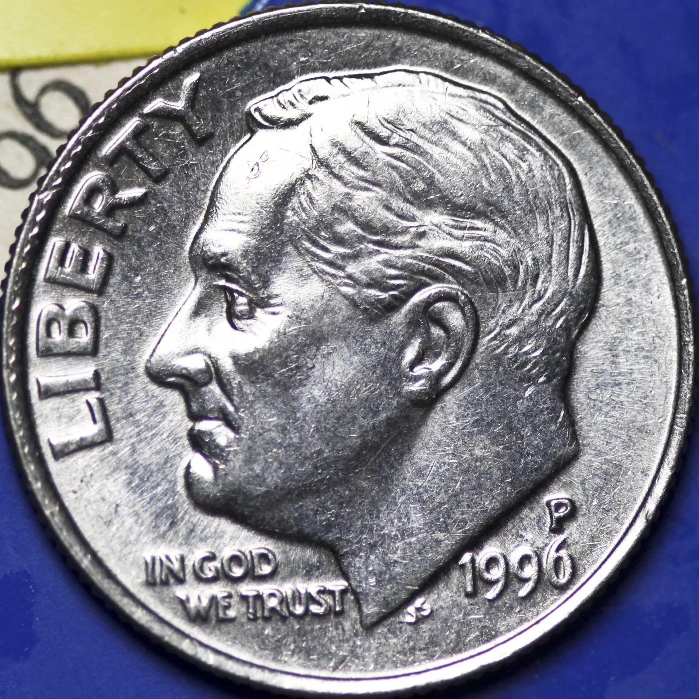 Obverse of a 1996-P Roosevelt dime with the P mint mark above the date
