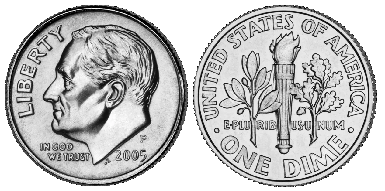 Obverse and reverse of a 2005-P Roosevelt dime, showing the Roosevelt portrait with the P mint mark above the date and the torch flanked by olive and oak branches