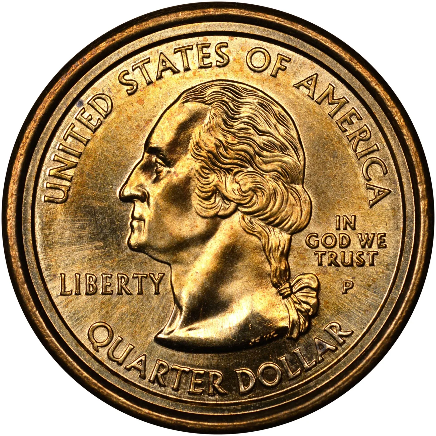 Obverse of the 2000-P mule error, the Washington quarter portrait with UNITED STATES OF AMERICA above, QUARTER DOLLAR below and a P mint mark, struck on a golden dollar planchet