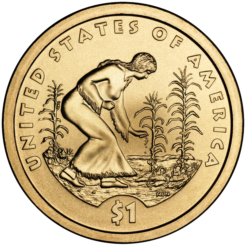Reverse of the 2009 Native American dollar, a Native woman planting corn beans and squash, with UNITED STATES OF AMERICA around the top and $1 below