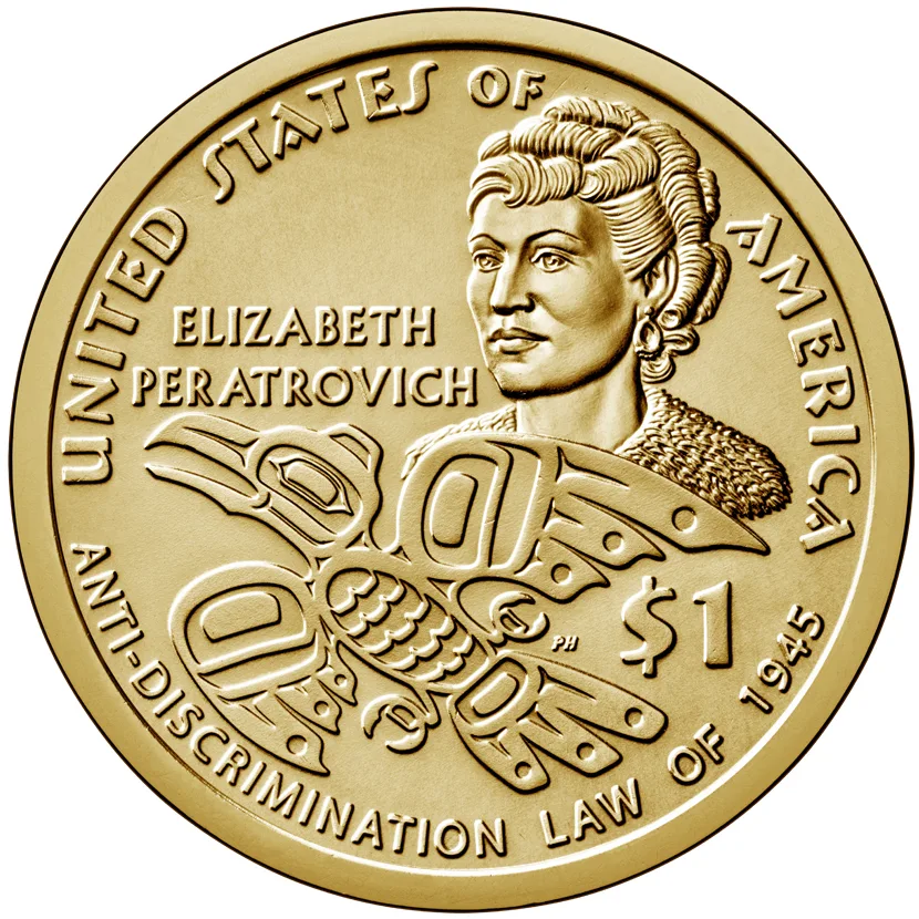Reverse of the 2020 Native American dollar, a portrait of Elizabeth Peratrovich beside a raven formline design, with ANTI-DISCRIMINATION LAW OF 1945 around the lower rim
