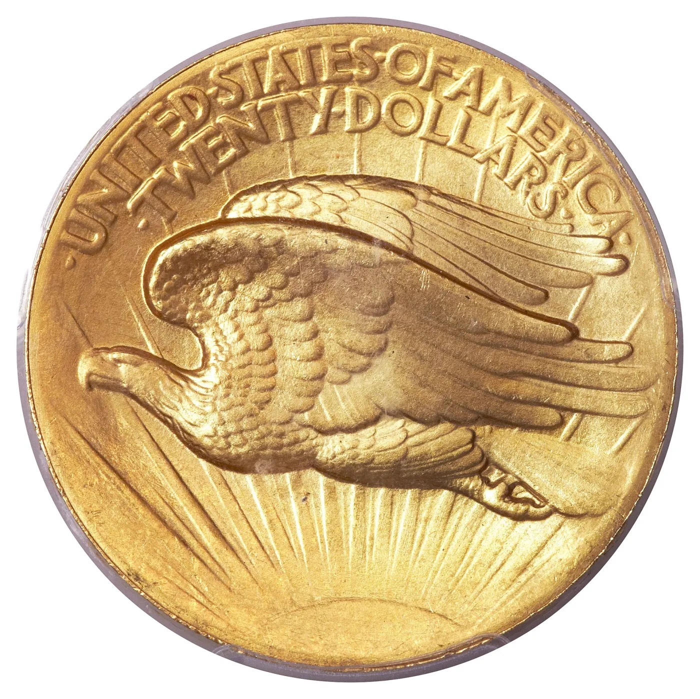 Reverse of a 1907 Saint-Gaudens double eagle showing an eagle in flight to the left above a rising sun, UNITED STATES OF AMERICA and TWENTY DOLLARS arcing across the top, and no motto