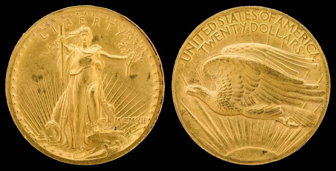 Obverse and reverse of a 1907 Saint-Gaudens double eagle dated MCMVII in Roman numerals, showing high-relief striding Liberty and a flying eagle reverse reading TWENTY DOLLARS with no motto