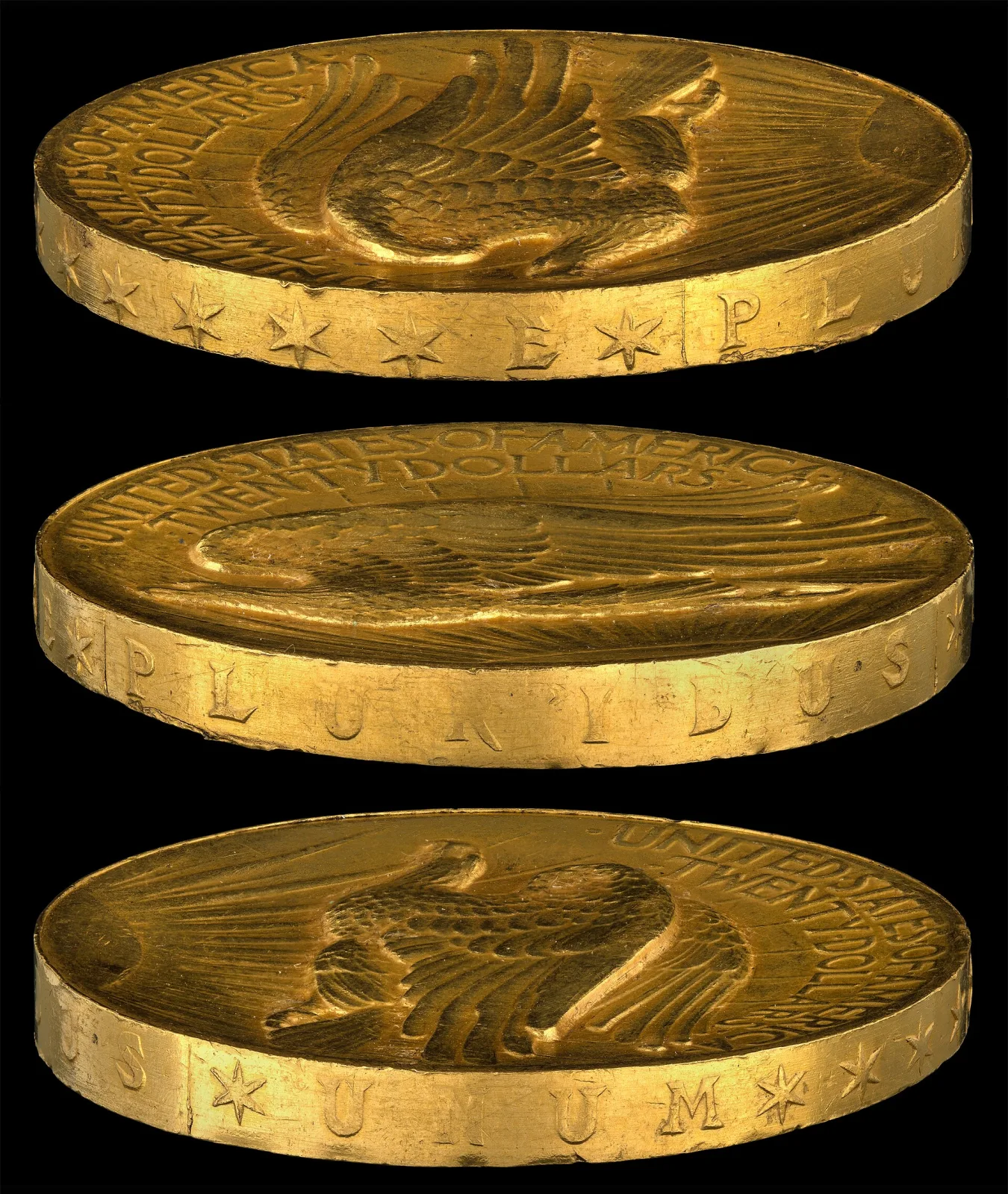 Three views of the edge of a 1907 high-relief Saint-Gaudens double eagle, the lettering reading E, PLURIBUS and UNUM with stars between the words