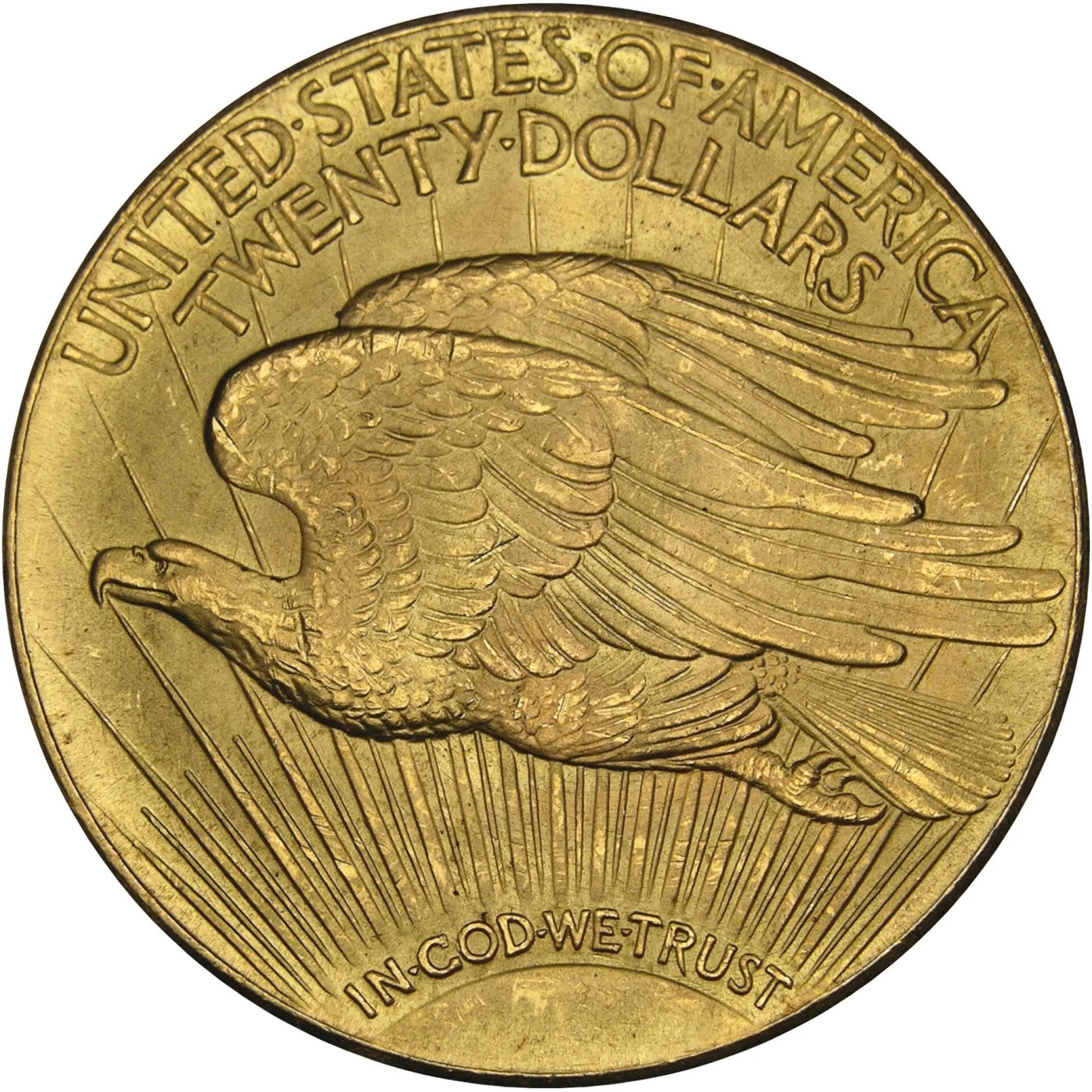 Reverse of a 1933 Saint-Gaudens double eagle showing the flying eagle above the rising sun with IN GOD WE TRUST arcing across the rays at the bottom