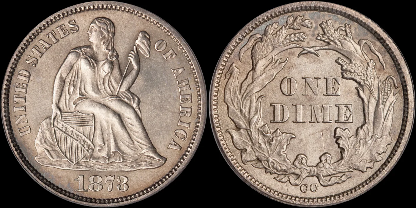 Obverse and reverse of the unique 1873-CC No Arrows Seated Liberty dime, the obverse legend around Liberty with a plain date and no arrows, the reverse cereal wreath with CC below the bow