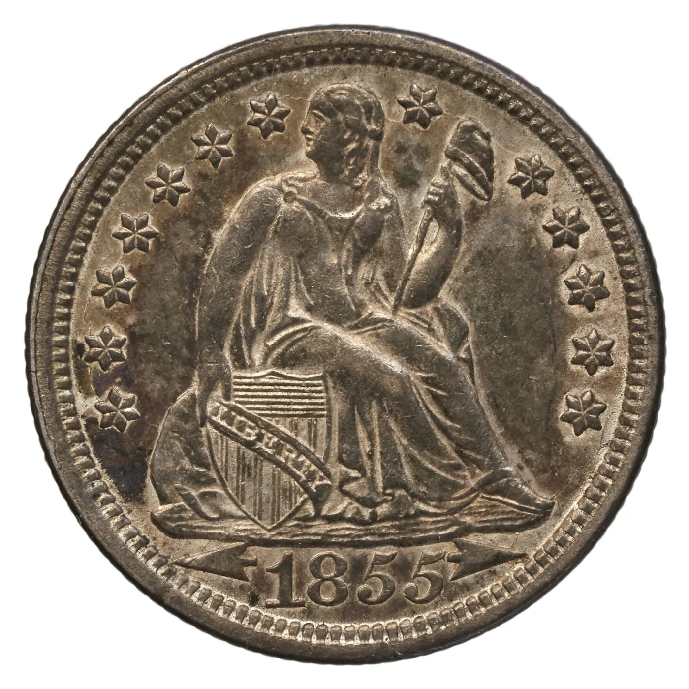Obverse of a circulated 1855 Seated Liberty dime, the gown and shield flattened by wear but the arrowheads either side of the date still visible