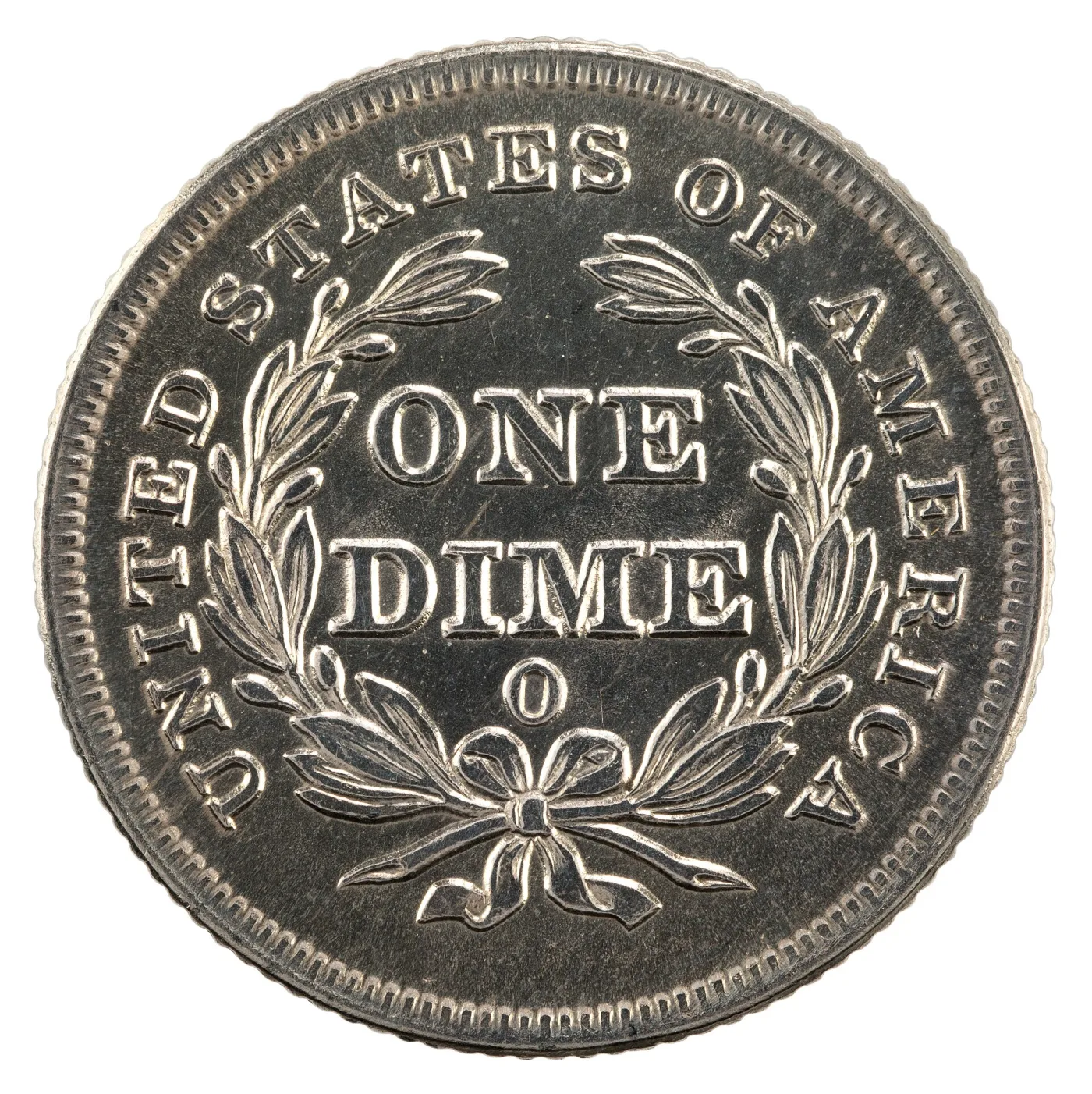 Reverse of the same 1838-O Seated Liberty dime, with the letter O inside the laurel wreath directly beneath DIME and above the wreath's bow