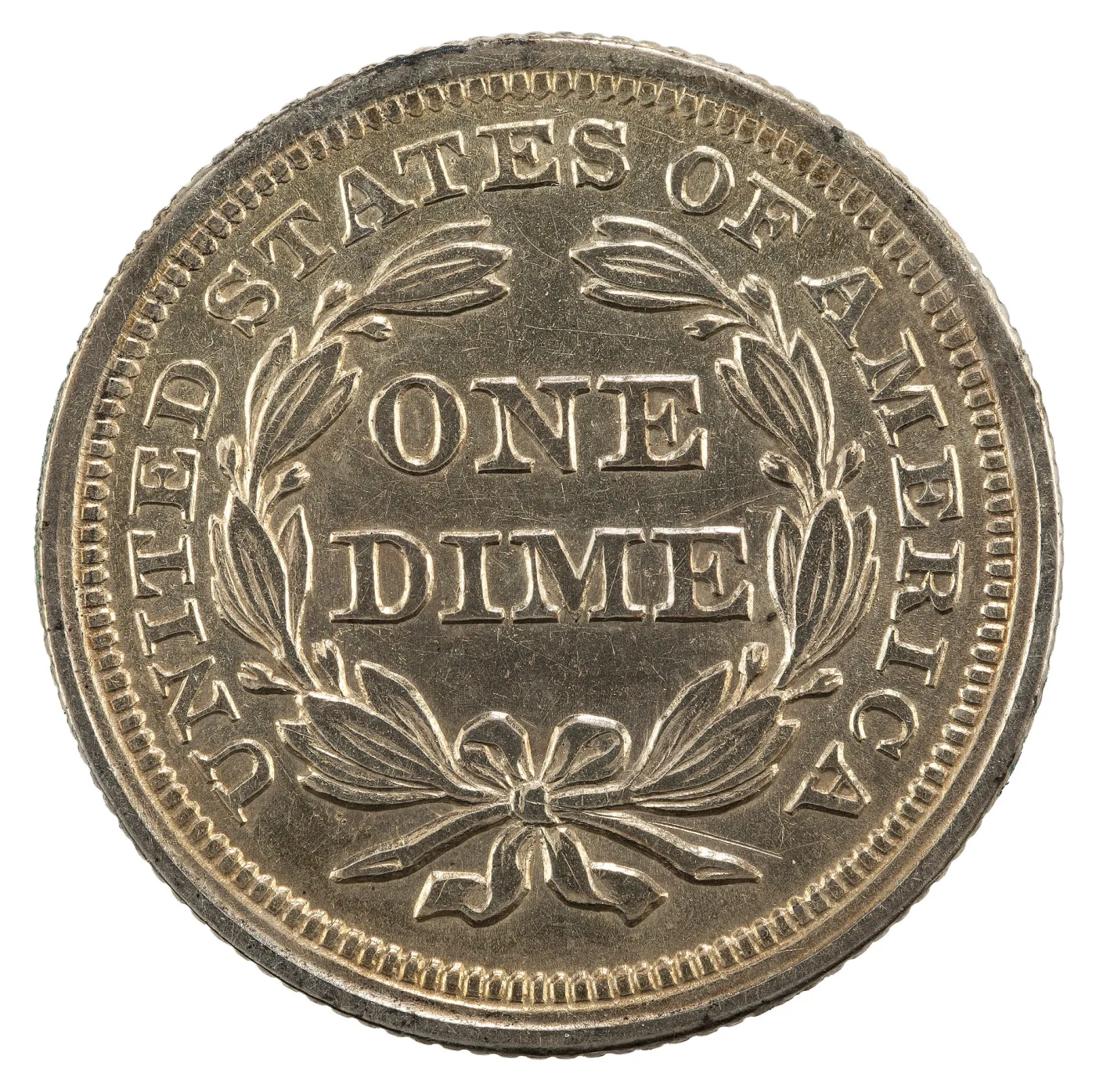 Reverse of the same 1853 Arrows Seated Liberty dime showing ONE DIME in a plain laurel wreath with no rays in the surrounding field