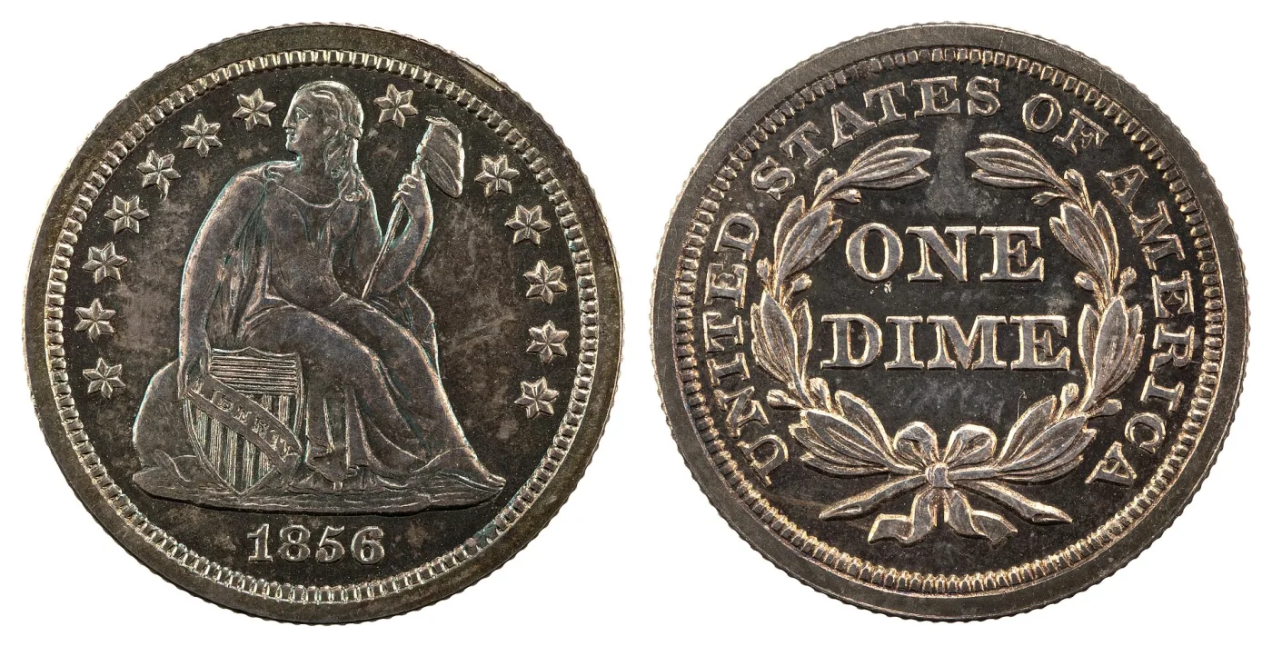 Obverse and reverse of an 1856 Seated Liberty dime, the obverse with thirteen stars around Liberty and a plain date with no arrows, the reverse with ONE DIME inside a laurel wreath