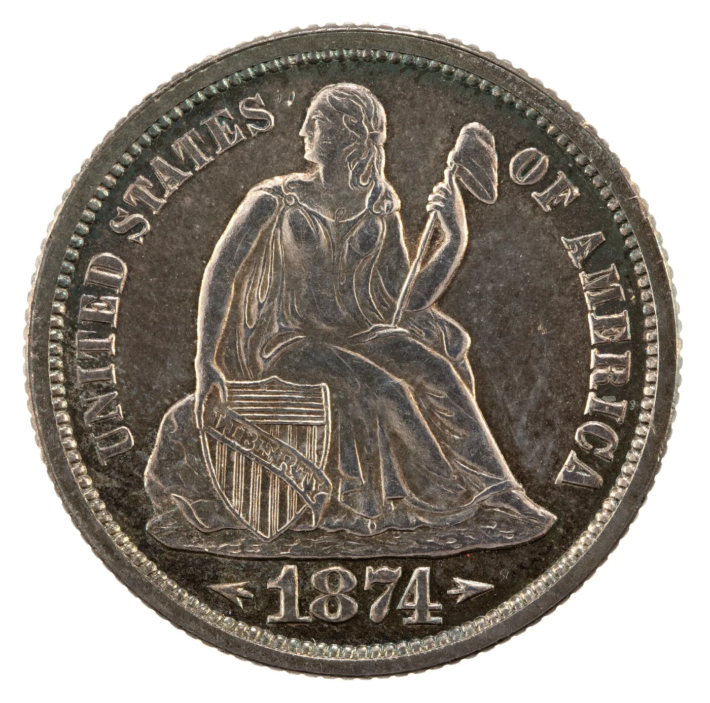 Obverse of an 1874 Seated Liberty dime with UNITED STATES OF AMERICA arched around Liberty and small arrowheads flanking the date 1874