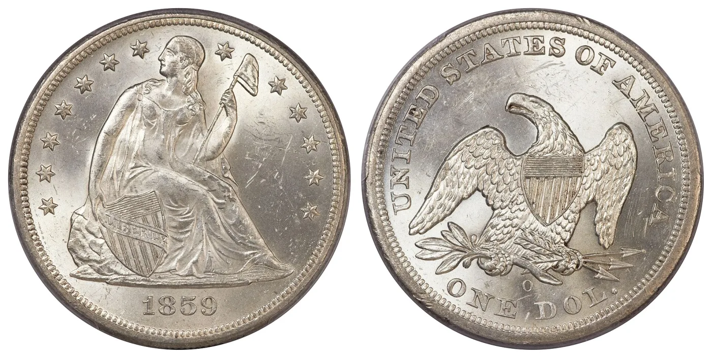 Obverse and reverse of an 1859-O Seated Liberty dollar, showing Liberty seated with the LIBERTY shield and the No Motto eagle reverse with the O mint mark above ONE DOL.