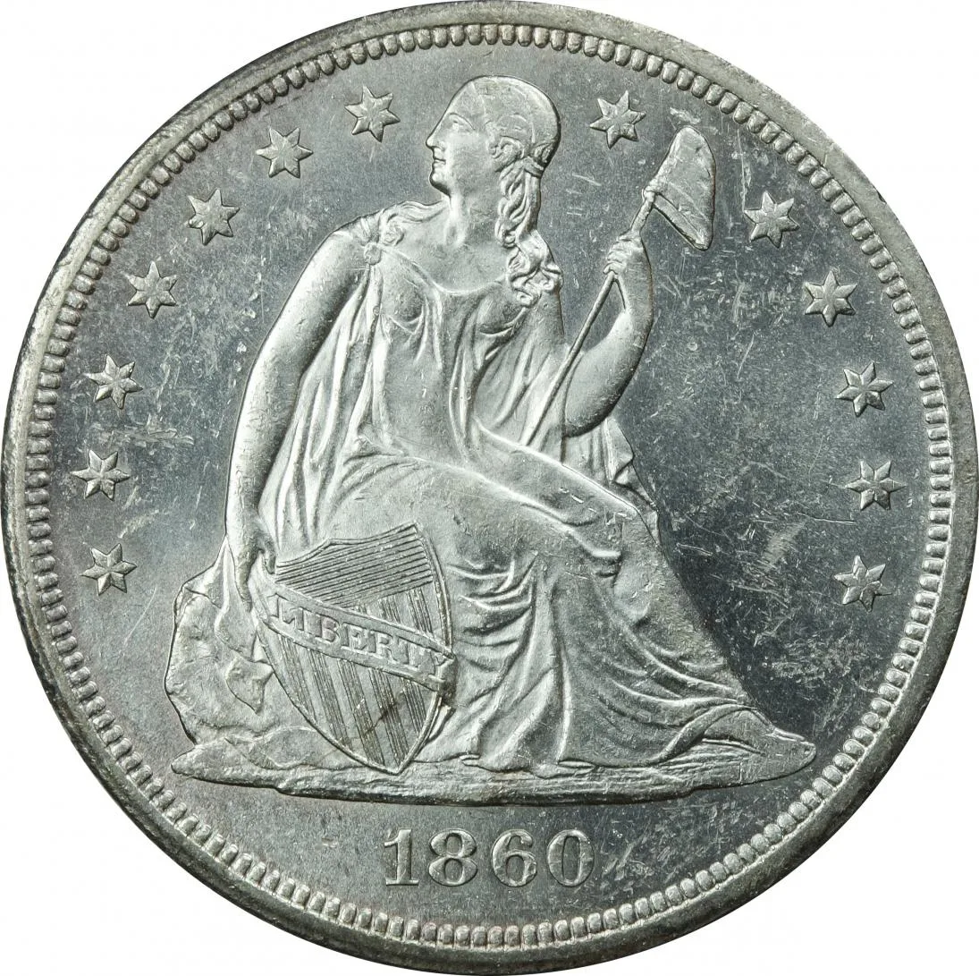 Obverse of an 1860-O Seated Liberty dollar showing Liberty seated on a rock, the word LIBERTY across the shield, thirteen stars around the rim and the date below