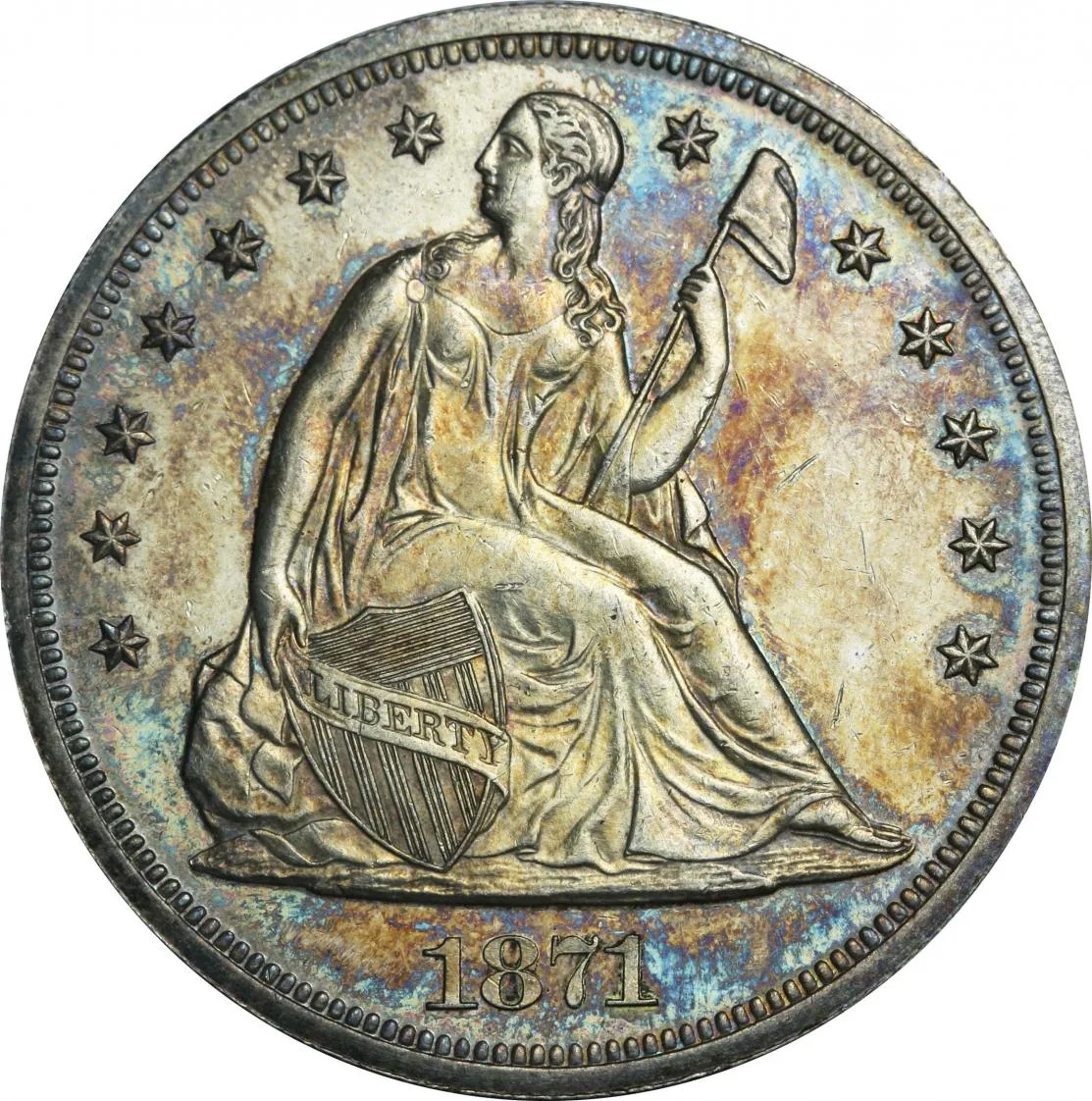 Obverse of an 1871 proof Seated Liberty dollar with mirrored fields and heavy blue and gold toning