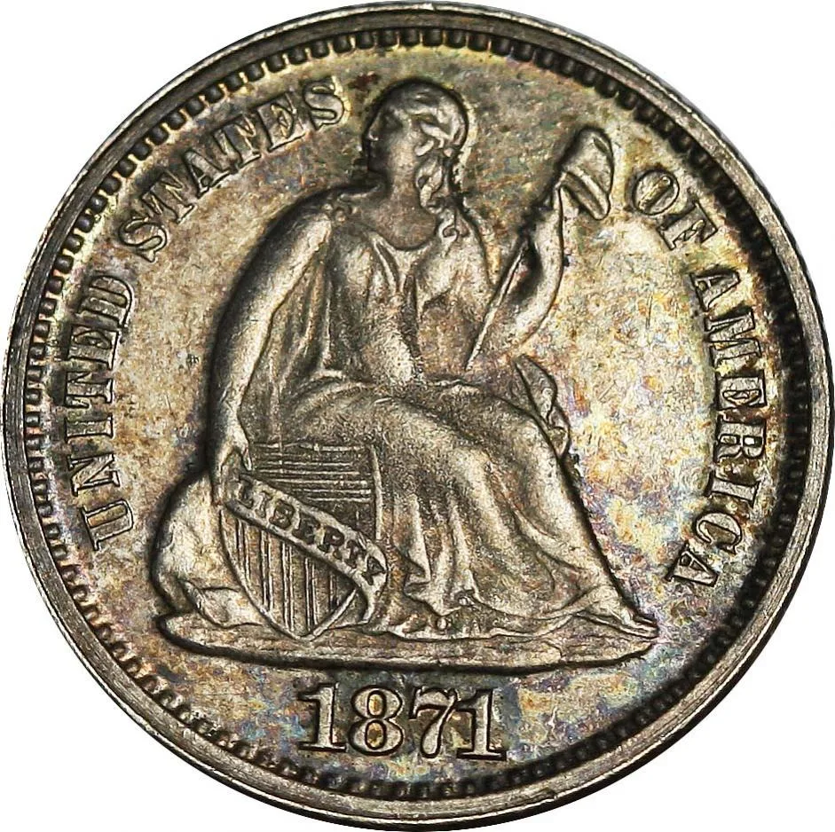 Obverse of an 1871 Seated Liberty half dime with UNITED STATES OF AMERICA around Liberty and heavy blue, gold and violet toning across the fields