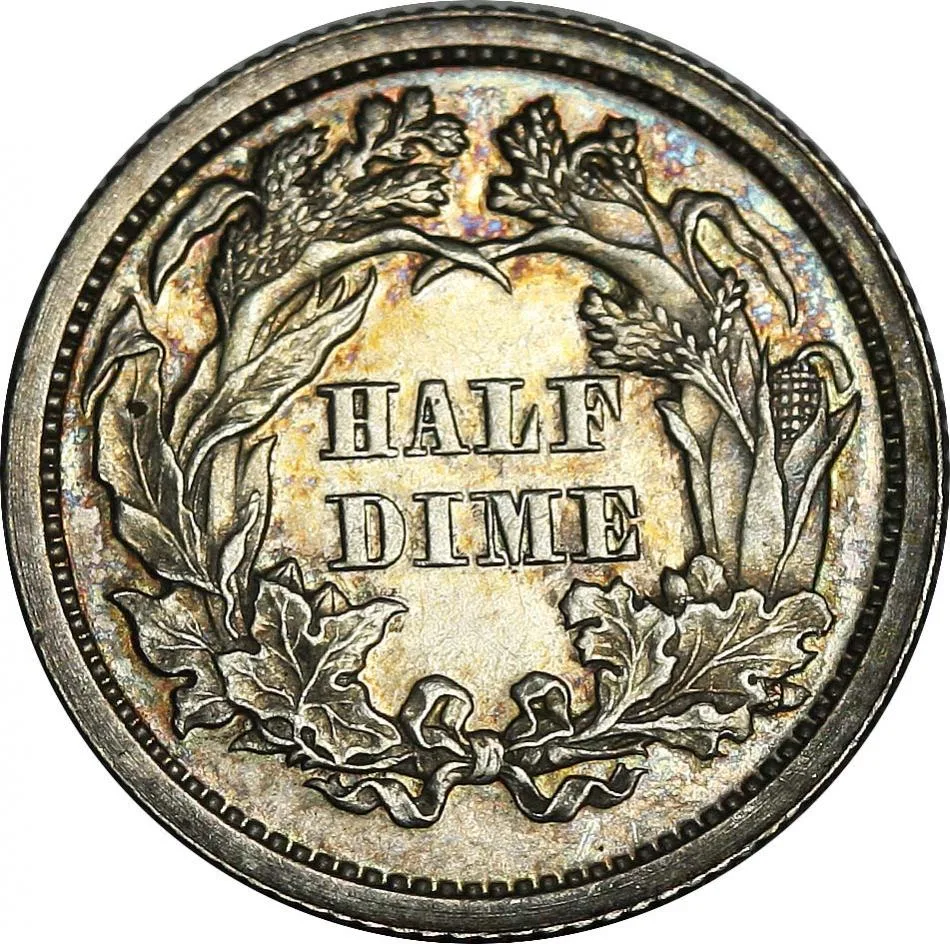 Reverse of an 1871 Seated Liberty half dime showing HALF DIME inside a large cereal wreath of corn, wheat, oak and maple, with no legend around the rim