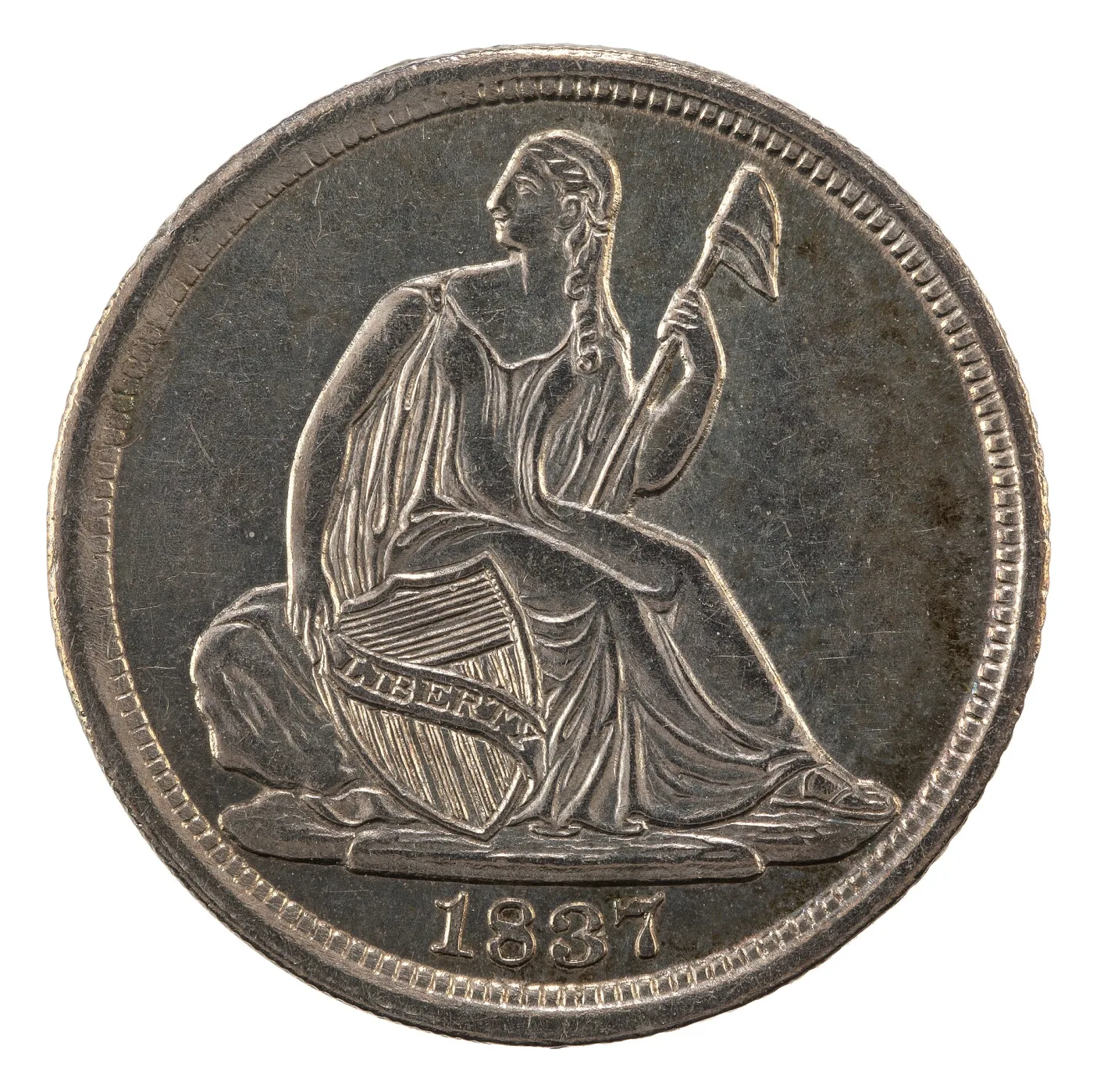 Obverse of an 1837 Seated Liberty half dime of the No Stars type, showing Liberty seated with shield and liberty pole in an empty field with only the date 1837 below