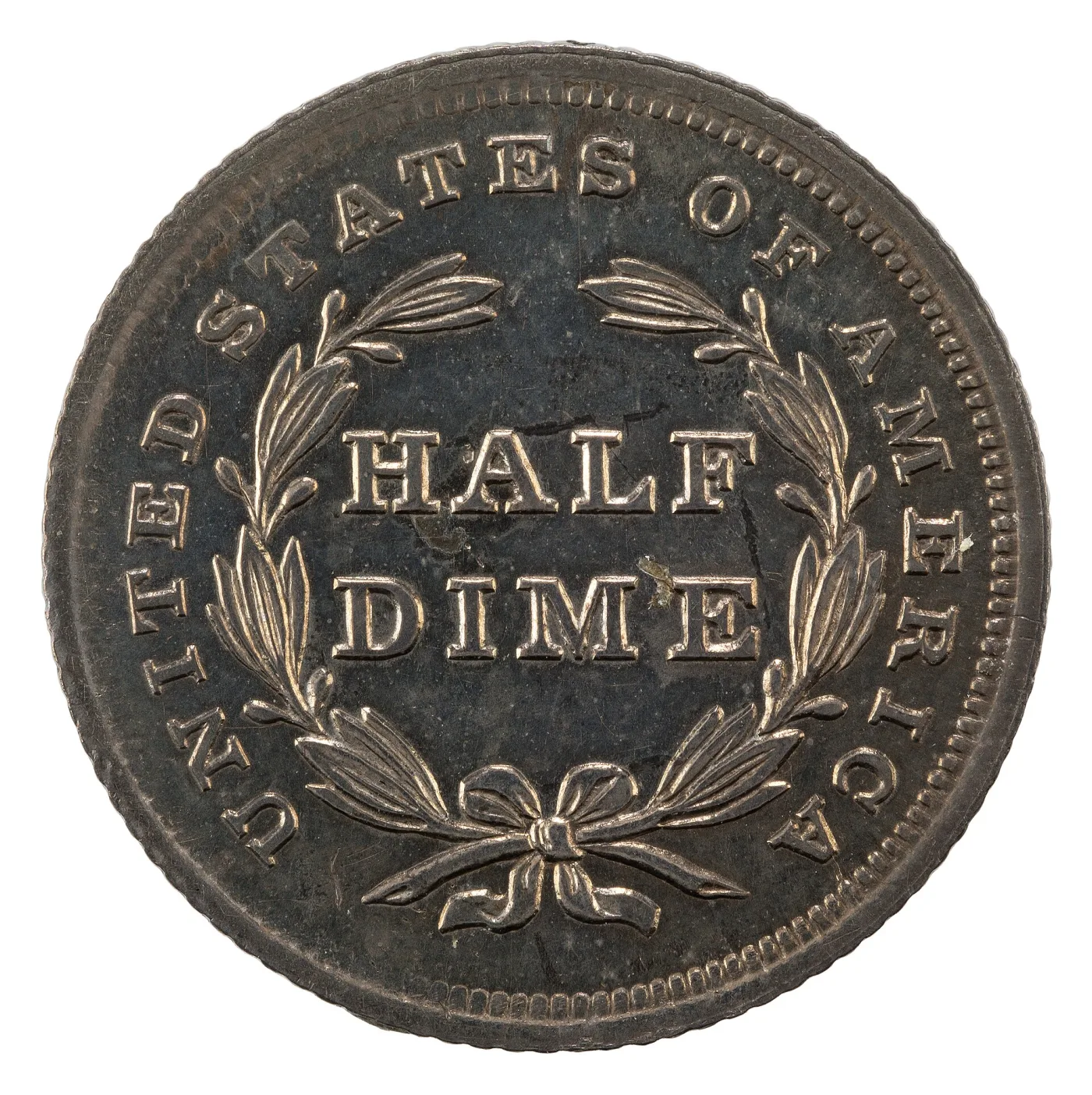 Reverse of an 1837 Seated Liberty half dime showing HALF DIME in two words inside a small open laurel wreath tied with a bow, UNITED STATES OF AMERICA around the rim and no mint mark