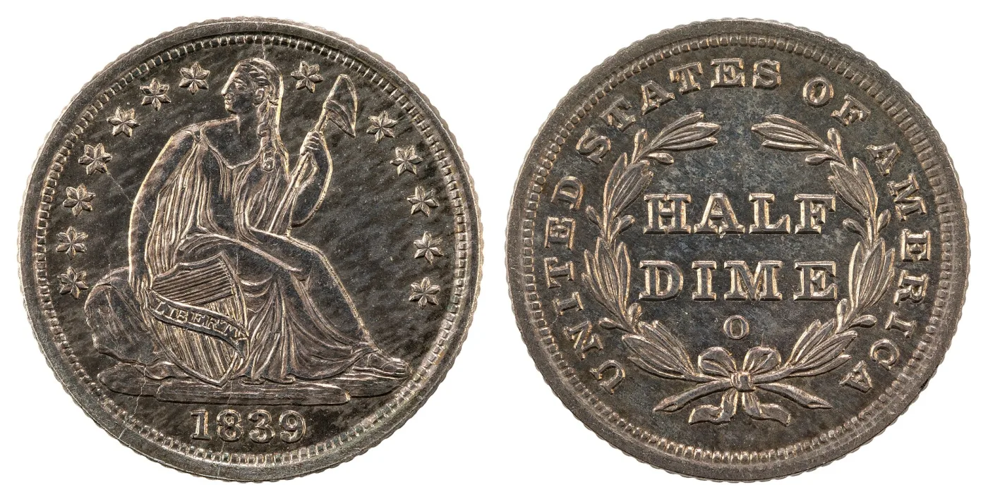 Obverse and reverse of an 1839-O Seated Liberty half dime, the obverse with thirteen stars around Liberty and a bare elbow, the reverse with the mint mark O inside the wreath below DIME