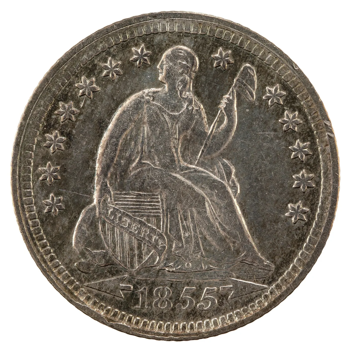 Obverse of an 1855 Seated Liberty half dime showing arrowheads flanking the date 1855, each arrowhead pointing outward toward the rim