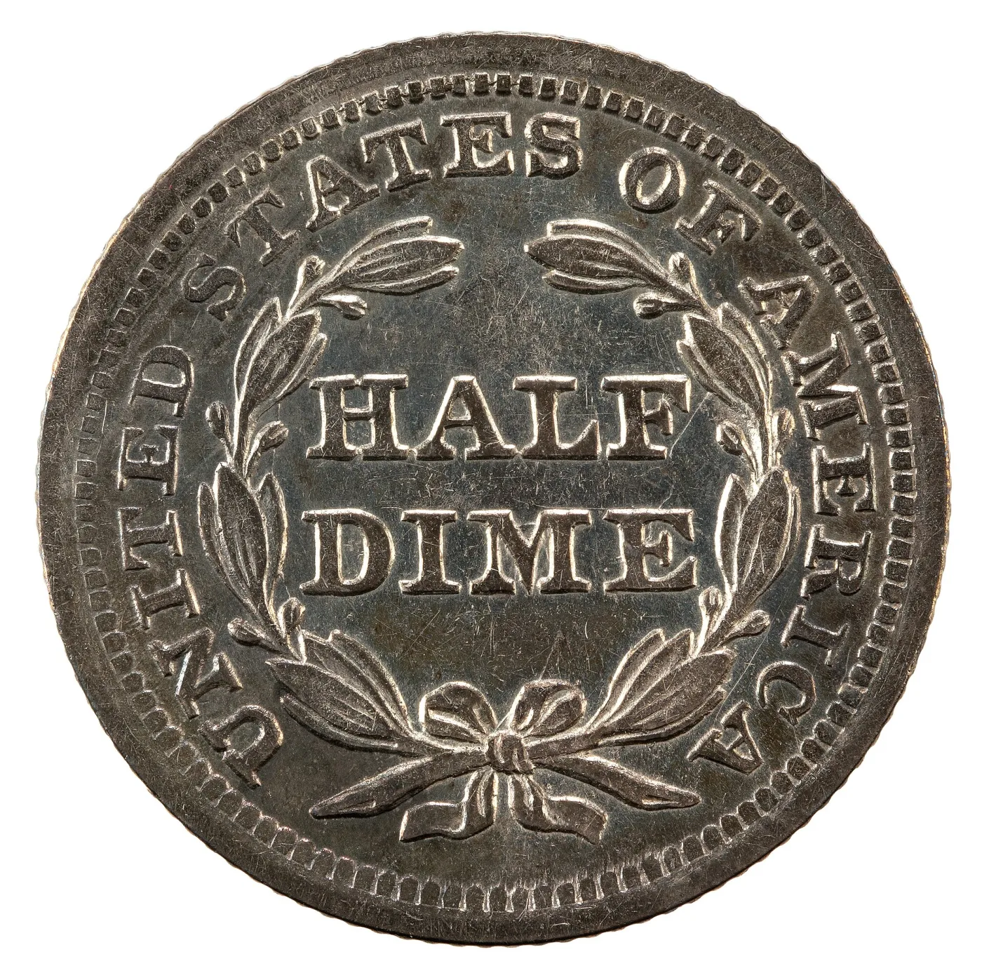 Reverse of an 1855 Seated Liberty half dime showing HALF DIME inside a laurel wreath with no rays around it and no mint mark