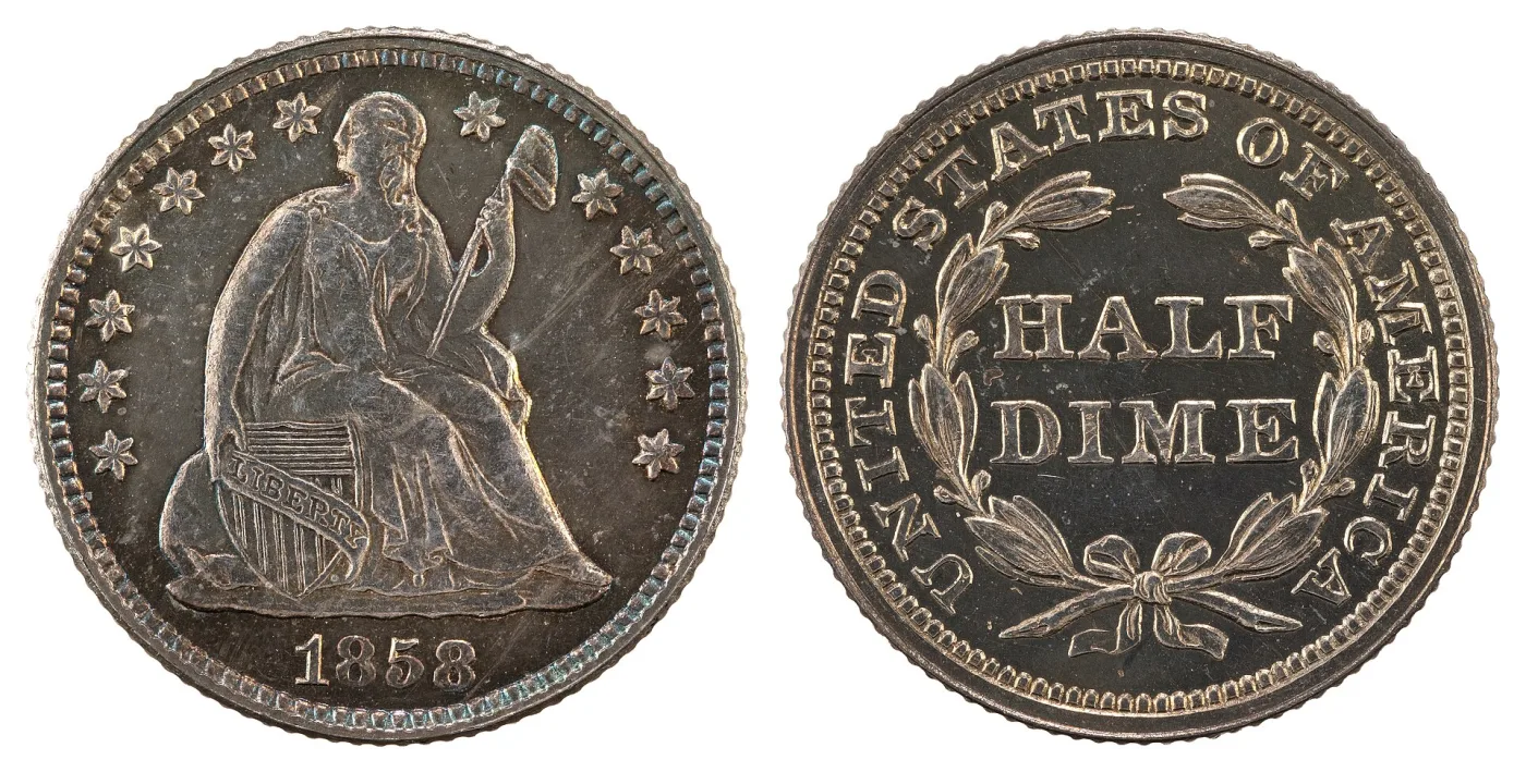 Obverse and reverse of an 1858 Seated Liberty half dime with thirteen stars and a fold of drapery hanging from Liberty's elbow above the shield