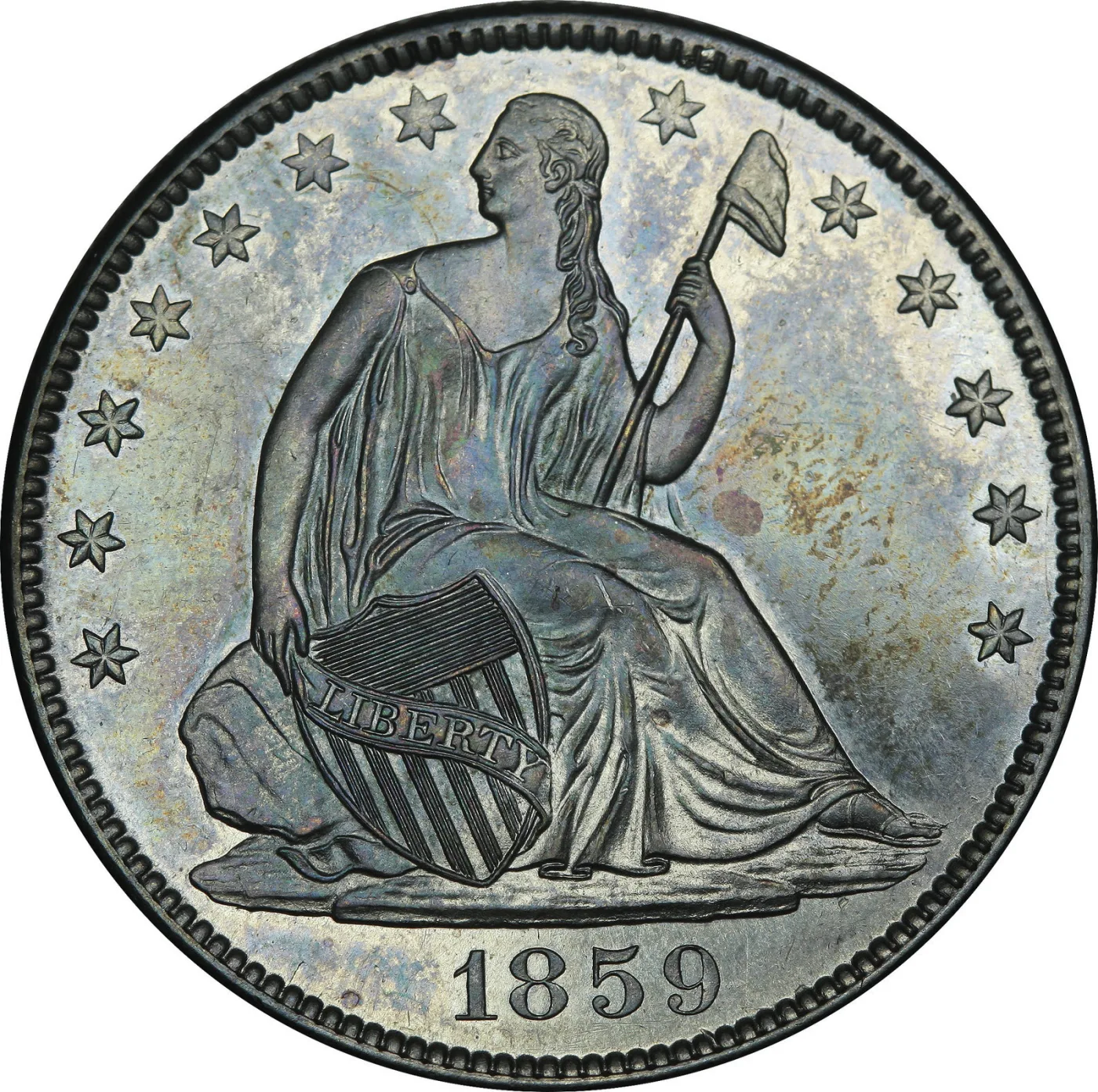Obverse of an 1859-O Seated Liberty half dollar showing the LIBERTY ribbon across the shield, the liberty cap on its pole, thirteen stars and the date in the exergue