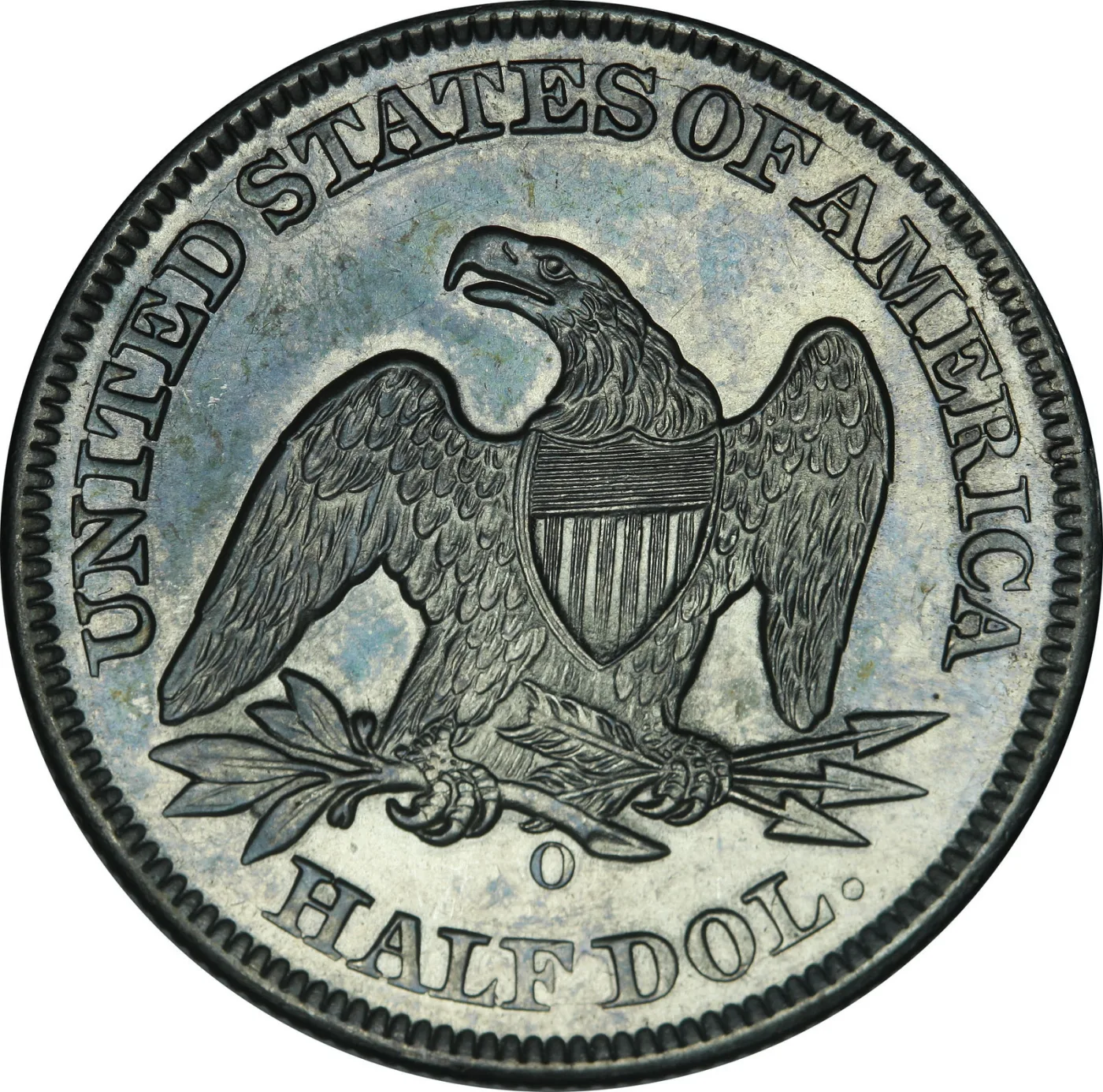 Reverse of an 1859-O Seated Liberty half dollar with the O mint mark in the field below the eagle's claws and above HALF DOL.