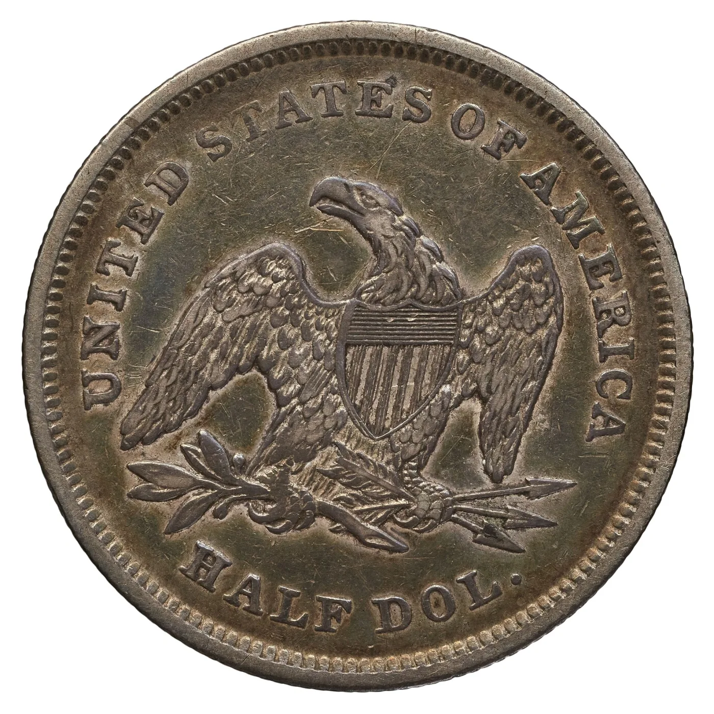 Reverse of an 1839 Seated Liberty half dollar with bare field above the eagle's head, HALF DOL. below and no mint mark