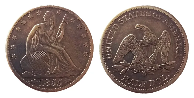 Both sides of an 1855-O Seated Liberty half dollar, with an arrow on each side of the date, no rays around the eagle and an O mint mark below the claws