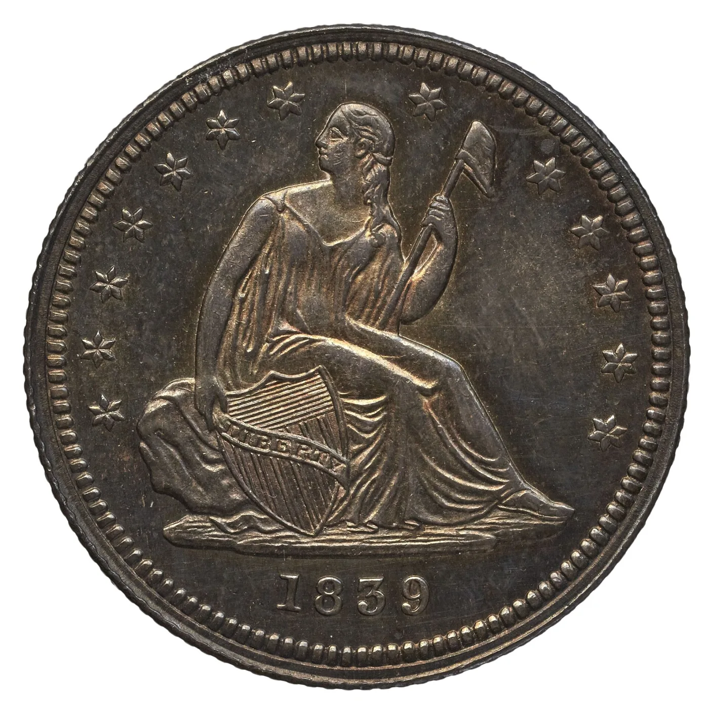 Obverse of an 1839 Seated Liberty quarter, the No Drapery type, the arm holding the shield bare at the elbow with empty field behind it, thirteen stars and 1839 in the exergue