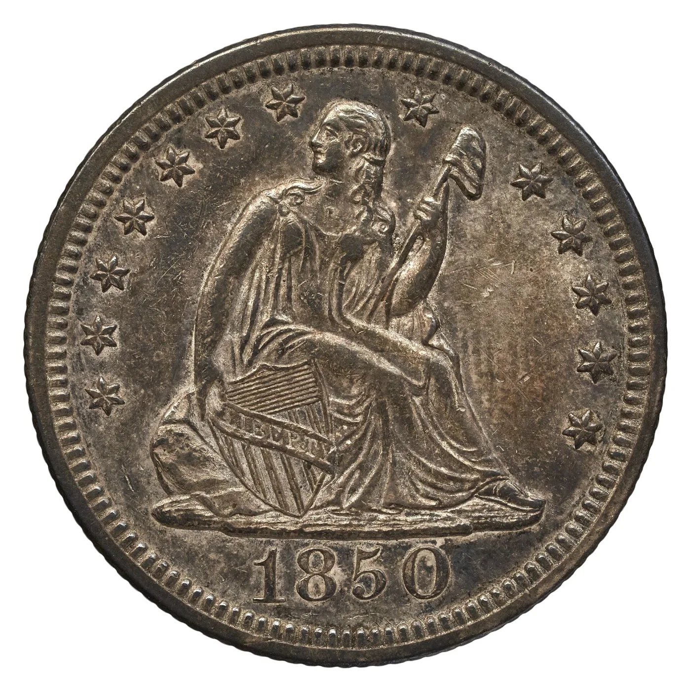 Obverse of an 1850 Seated Liberty quarter, the With Drapery type, a fold of cloth hanging from the elbow of the arm that holds the shield, thirteen stars and 1850 in the exergue