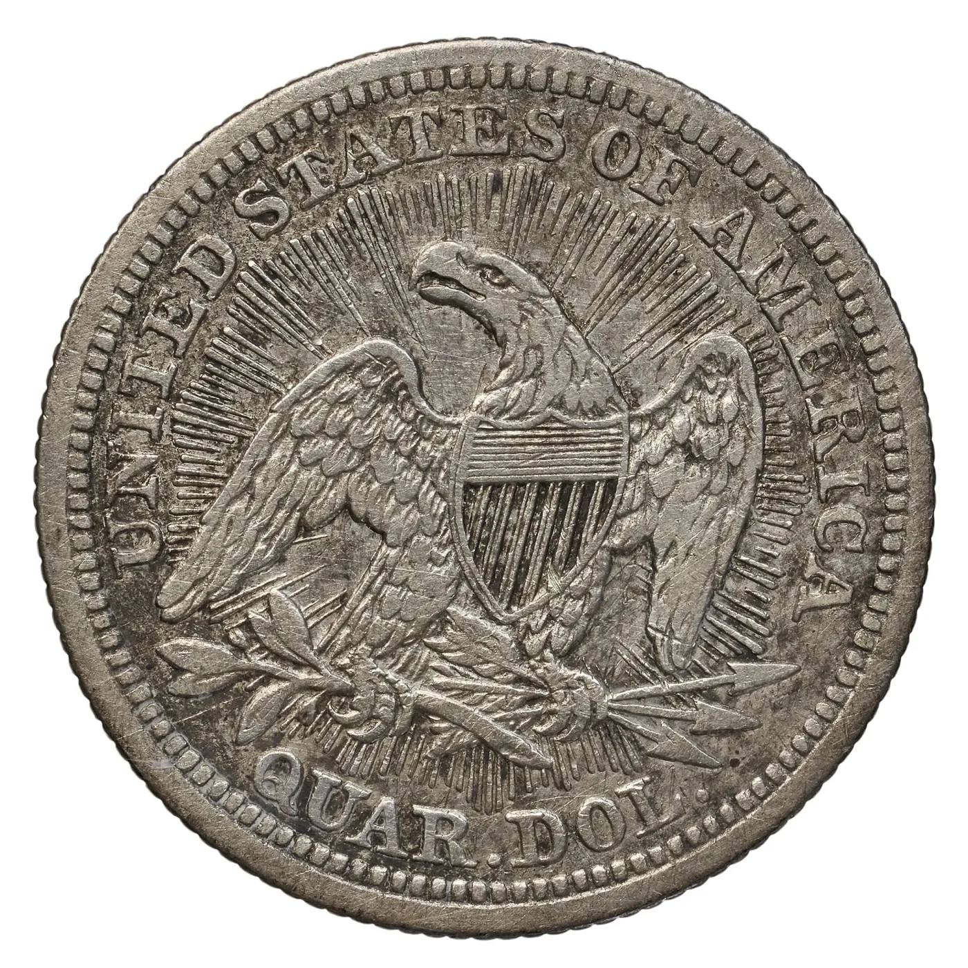 Reverse of an 1853 Seated Liberty quarter with sharp triangular rays radiating from behind the eagle out to the legend, UNITED STATES OF AMERICA above and QUAR. DOL. below