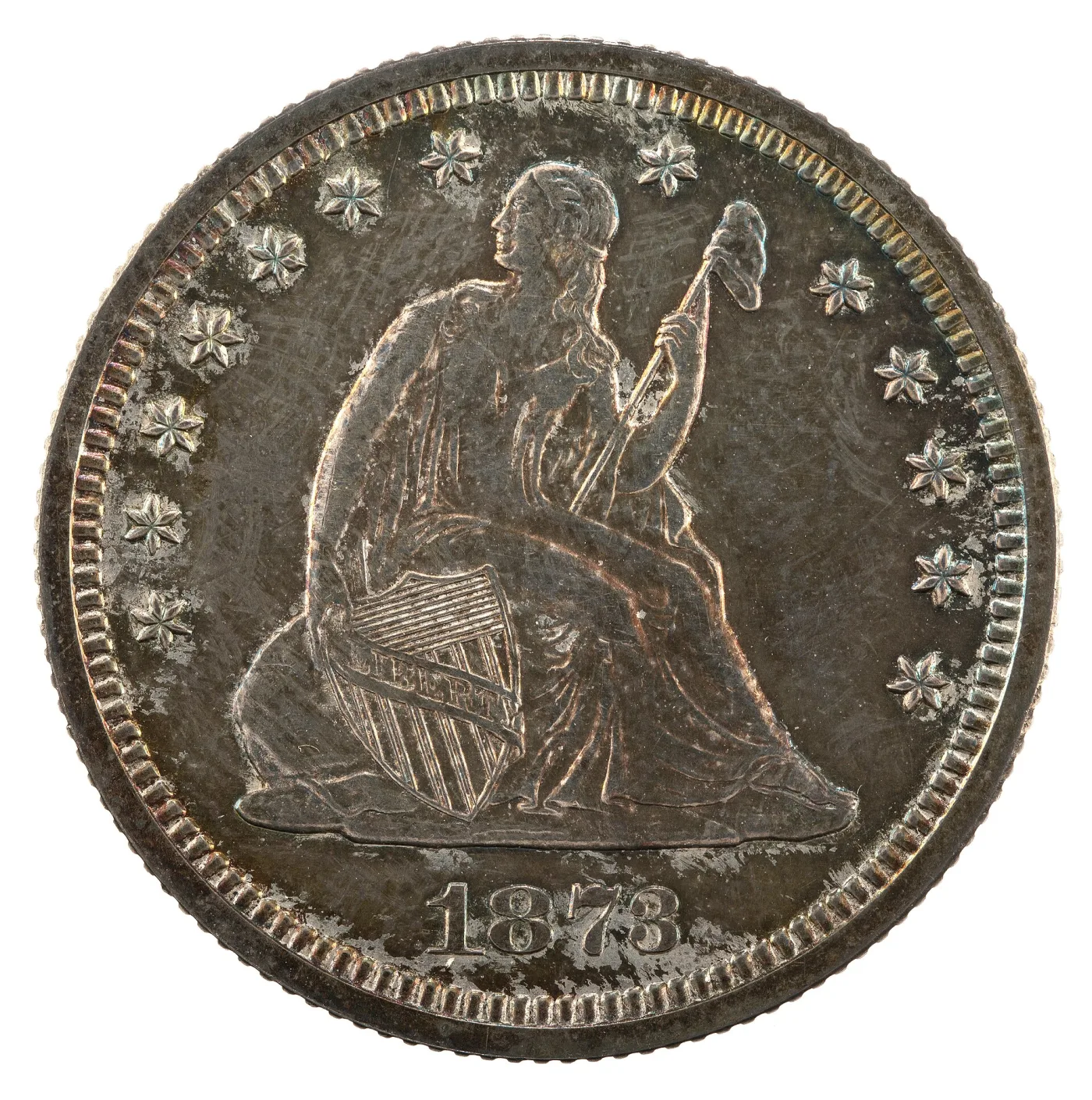 Obverse of an 1873 Seated Liberty quarter without arrows, the exergue holding nothing but the date, and thirteen stars around the field