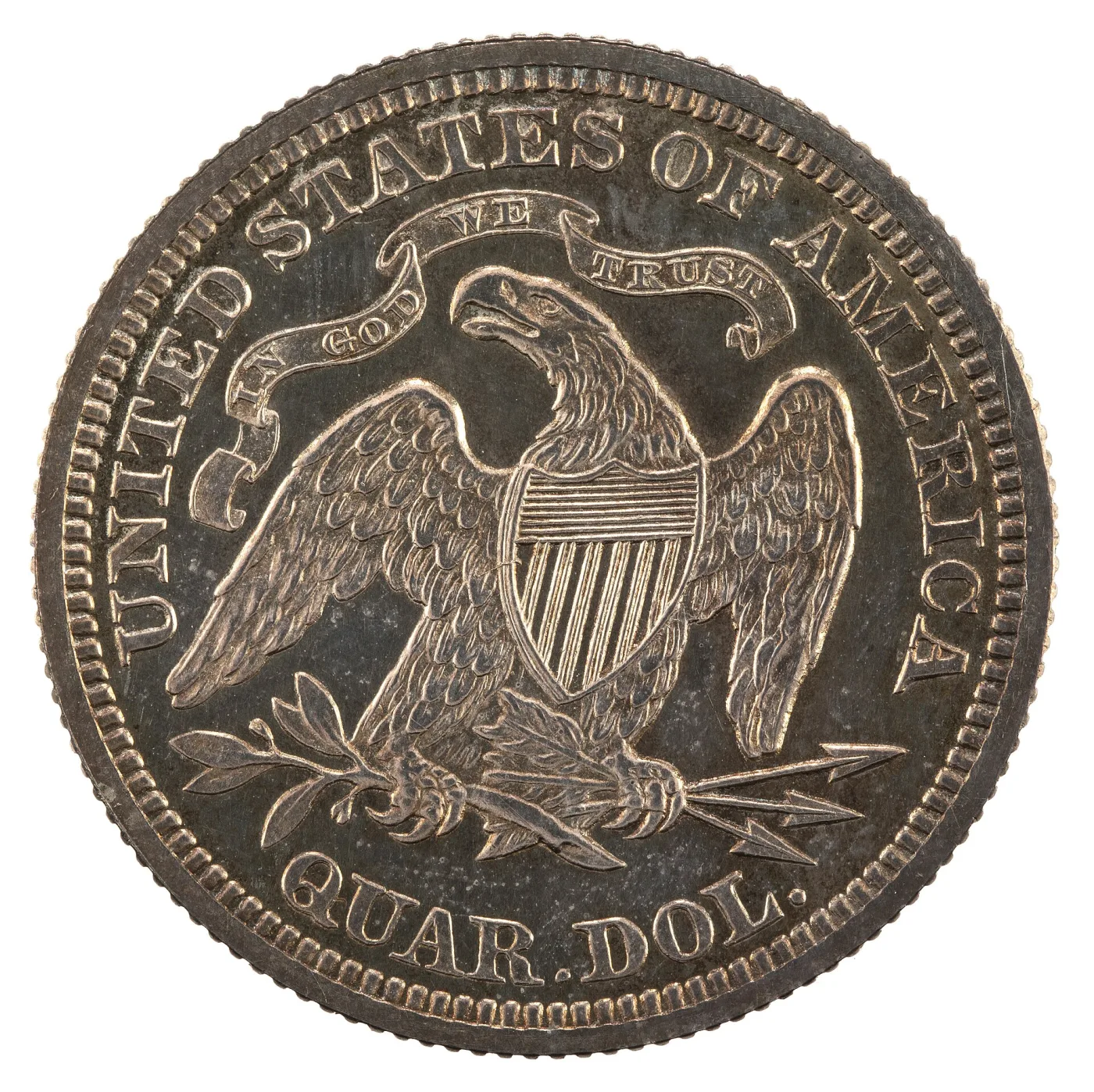 Reverse of an 1873 Seated Liberty quarter with IN GOD WE TRUST on a ribbon scroll above the eagle and QUAR. DOL. below