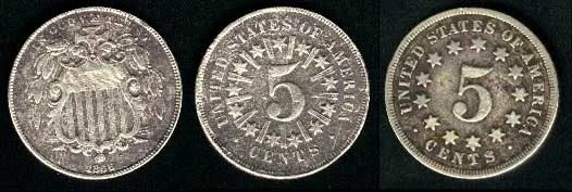 Three Shield nickels photographed side by side: a shield obverse on the left, a With Rays reverse in the middle and a No Rays reverse on the right