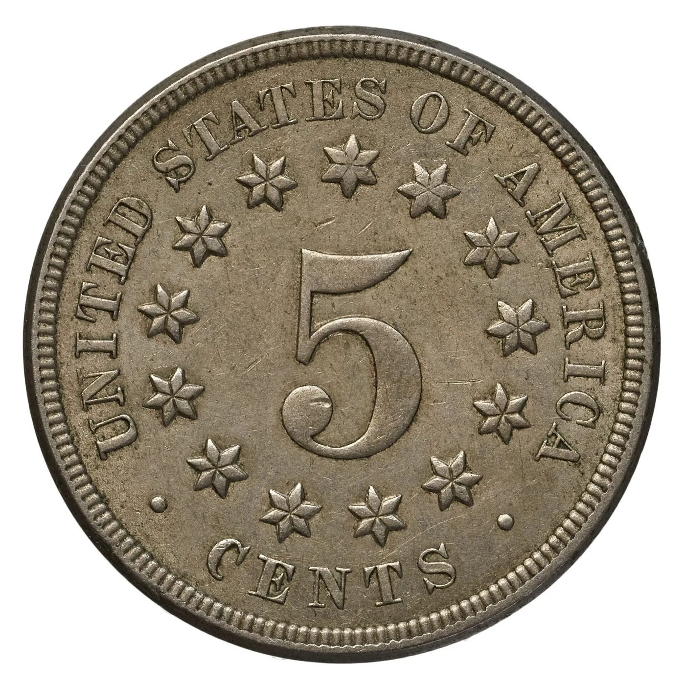 Reverse of an 1868 Shield nickel with a large numeral 5 at the centre, thirteen stars around it and empty fields between the stars