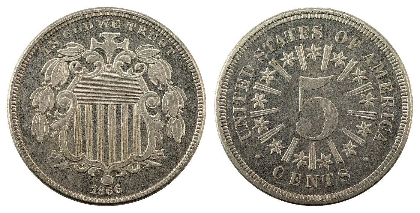 Obverse and reverse of an 1866 Shield nickel, the reverse showing a large numeral 5 ringed by thirteen stars with groups of raised bars between them