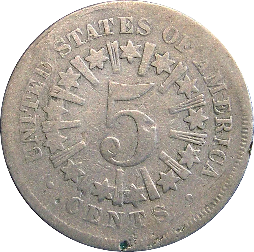 Reverse of a heavily worn Shield nickel with rays, the bars flattened but still visible between the stars