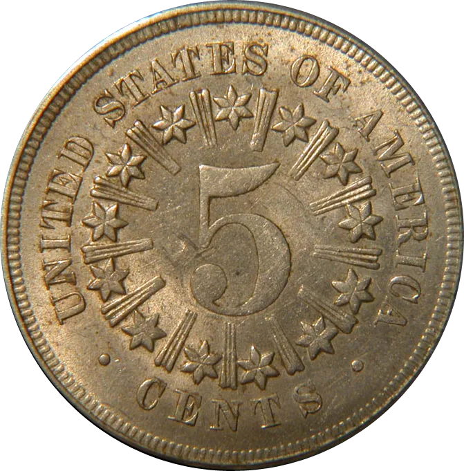 Reverse of a mid-grade Shield nickel with rays, the bars clearly separated between each pair of stars