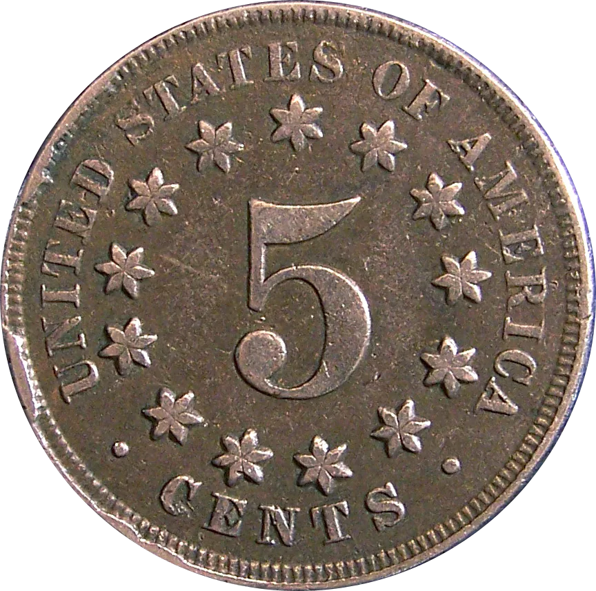 Reverse of a heavily worn Shield nickel without rays, the field between the stars smooth and empty