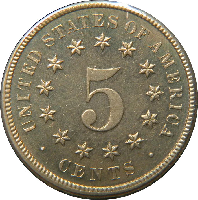 Reverse of a mid-grade Shield nickel without rays, the field between the stars plain