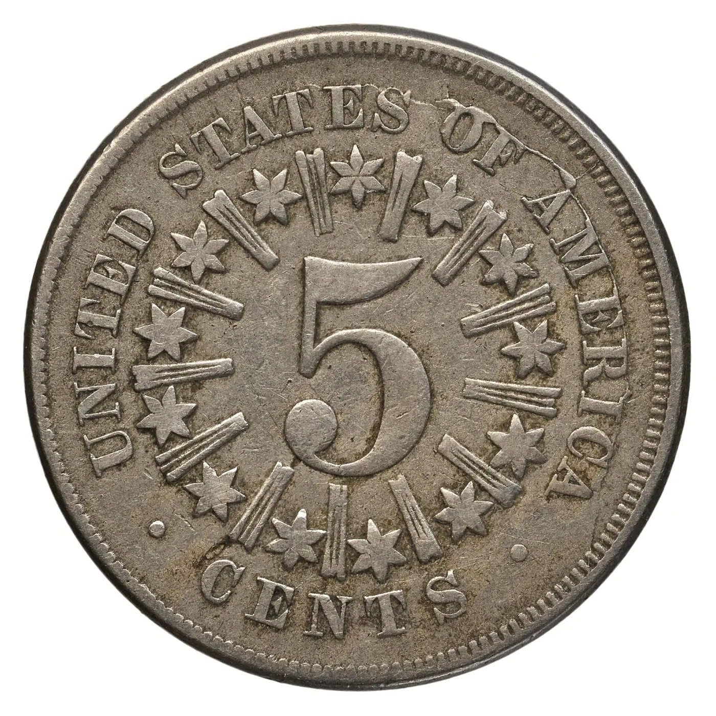 Reverse of an 1866 Shield nickel with three raised bars filling each gap between the thirteen stars around the numeral 5
