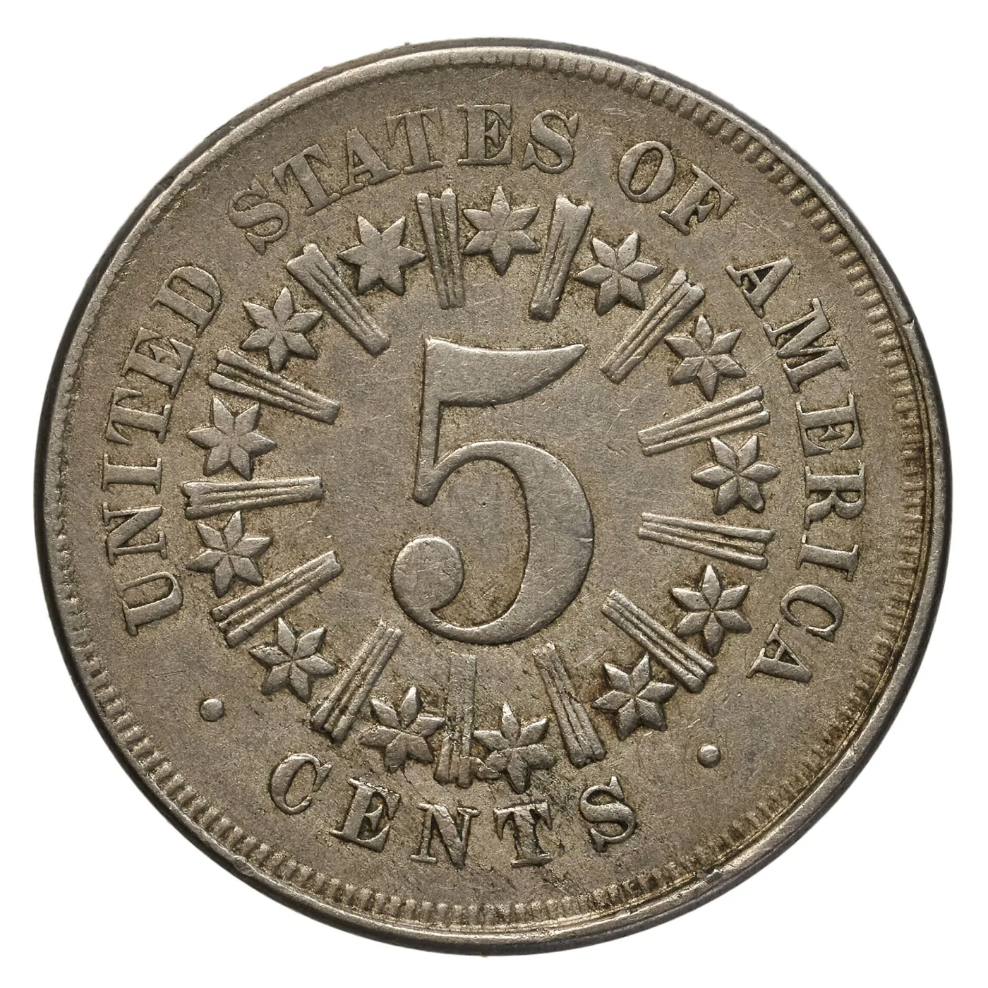 Reverse of an 1866 Shield nickel in high grade, showing thirteen stars each separated by a group of three raised bars around the central numeral 5